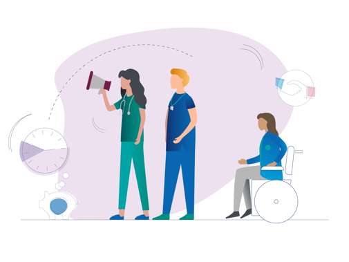 Illustration of doctors and a map of the UK