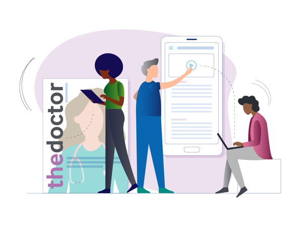 Doctors looking at BMA news stories illustration