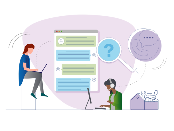 Illustration of a woman on a laptop and a man on a headset