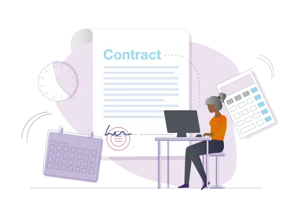 Illustration of a woman at a desk reading contract guidance